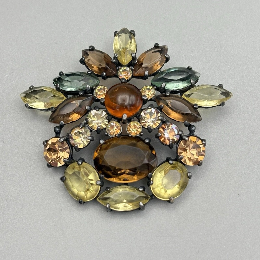 Vintage Schiaparelli Brooch Glass Stones Navette Cabochon Brown Blue Yellow